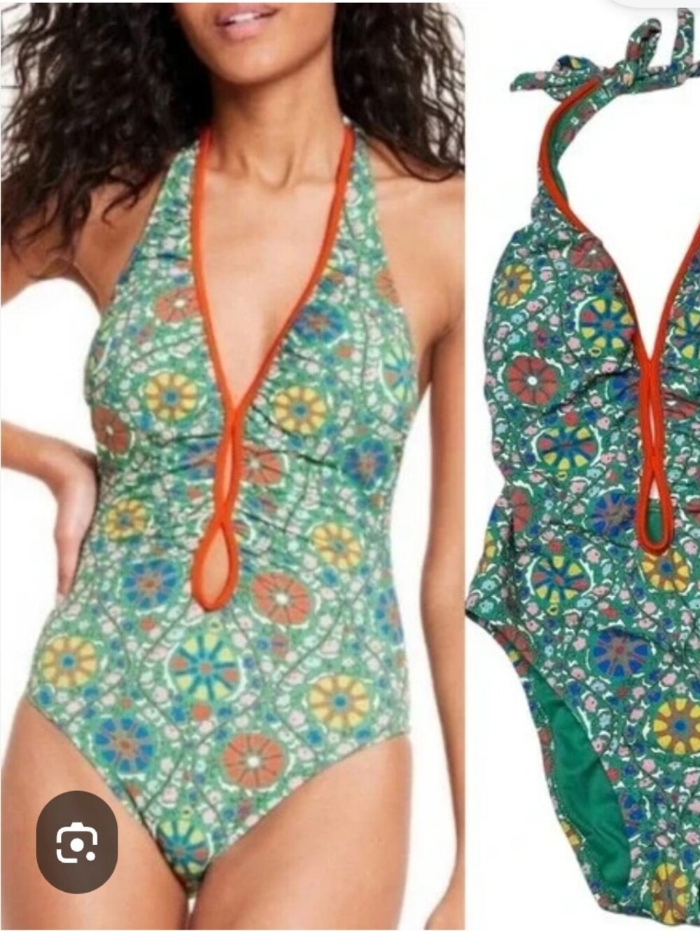 RHODE Tropical Green Floral One-Piece Bathing suit with Orange Trim